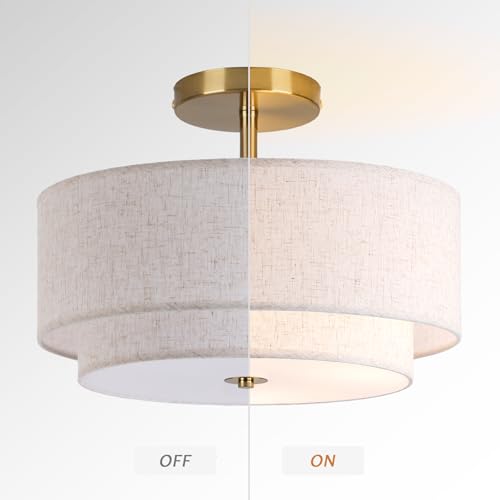 16 Double Drum Gold 3-Light Semi Flush Mount Ceiling Light, Classic Fabric Linen Shade Design for Living Room, Bedroom, Kitchen, Dining Room, Hallway and Entryway